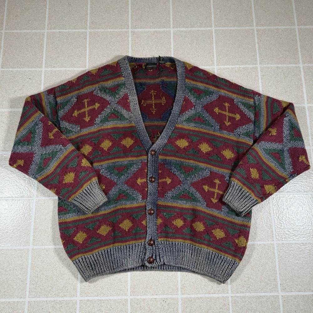 Vtg 90s Structure Handknitted Cardigan Sweater Mens XL 3D Cable Knit Aztec Naval